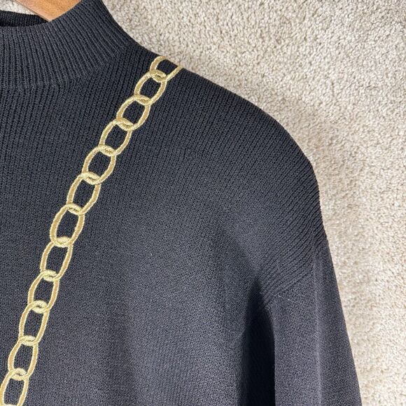 St John Santana Knit Sweater Black Key Chain Size‎ Small Mock Neck Shoulder Pads - Picture 6 of 13